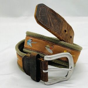 Bison Designs Fly Fishing Lure Embroidered Web Canvas Belt Leather Olive Sz 32